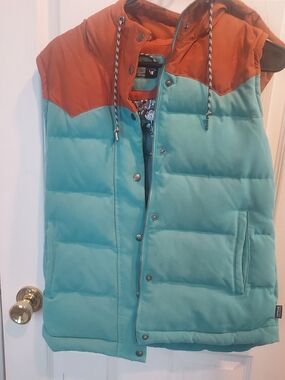 Patagonia Teal and Rust Hooded Puffer Vest